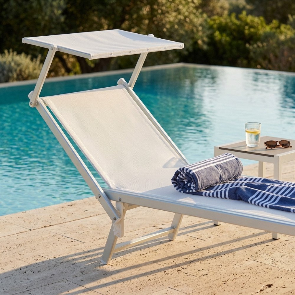 Lettino prendisole OTRANTO bianco ambientato a bordo piscina con telo mare e tavolino