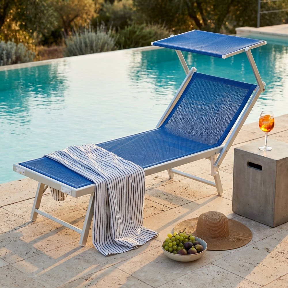 Lettino prendisole OTRANTO blu con telo mare steso, vista di tre quarti accanto alla piscina