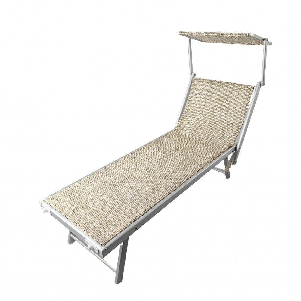 Lettino prendisole OTRANTO beige con schienale inclinato, dettaglio della struttura in alluminio e tendina parasole