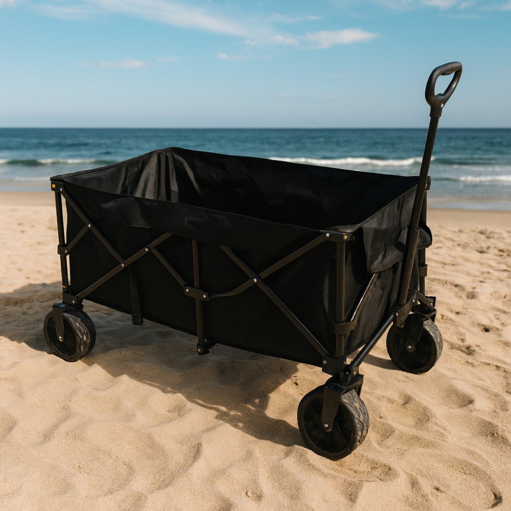Carrello da spiaggia BLACK SEA nero in struttura metallica aperta, vista sulla sabbia e sul mare