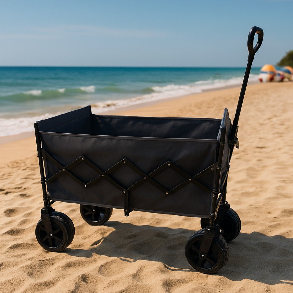 Carrello da spiaggia NORTH grigio scuro in spiaggia, vista di tre quarti con mare sullo sfondo