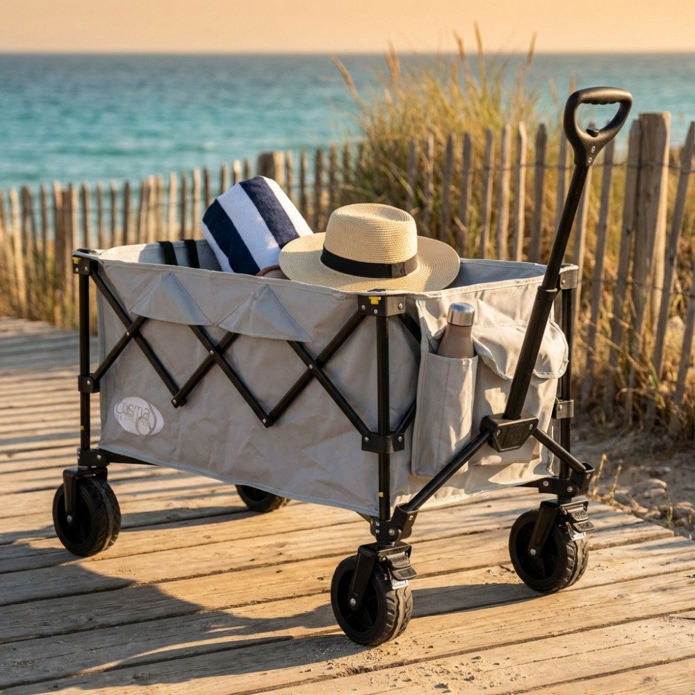 Carrello da spiaggia INDIAN grigio chiaro aperto su passerella di legno con mare
