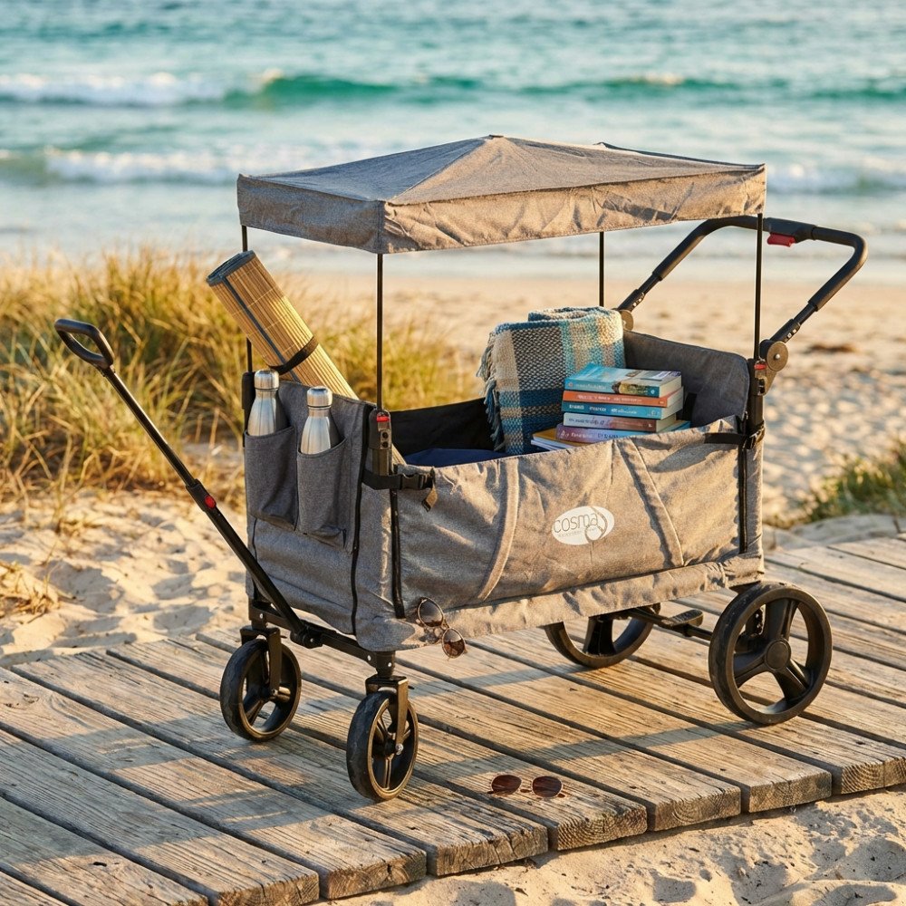 Carrello da spiaggia CARIBBEN grigio chiaro con borracce e tappetino nelle tasche laterali