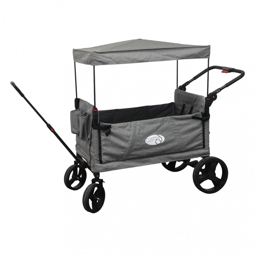 Carrello CARIBBEN grigio chiaro pieghevole su fondo bianco, con tettuccio aperto e manico di traino
