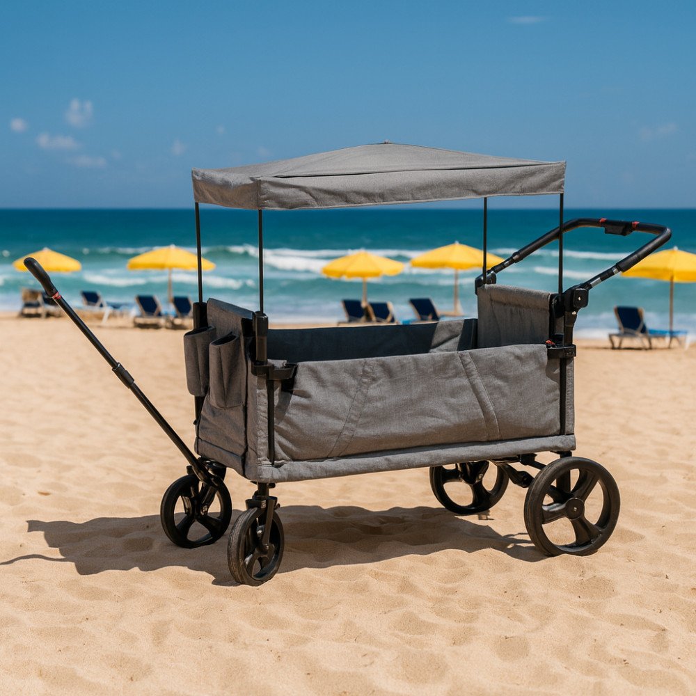 Carrello CARIBBEN grigio chiaro con tettuccio aperto e apertura frontale vuota, in spiaggia con mare
