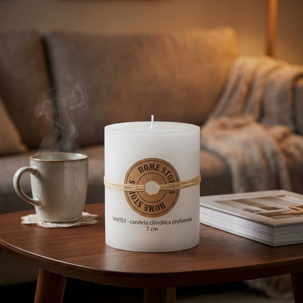 Candela cilindrica profumata WHITEY bianco crema con etichetta HOME STORIES, vista ravvicinata su tavolino