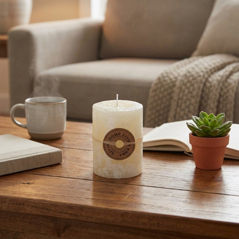 Candela CILINDRICA VANIGLIA avorio su tavolo di legno con etichetta marrone HOME LIVING