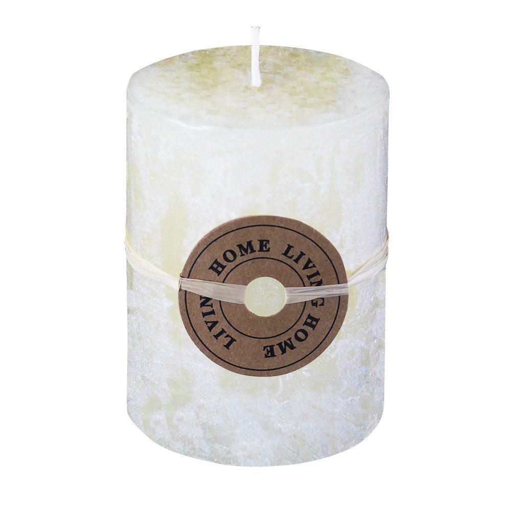 Candela cilindrica VANIGLIA avorio su fondo bianco con cordino beige e etichetta rotonda