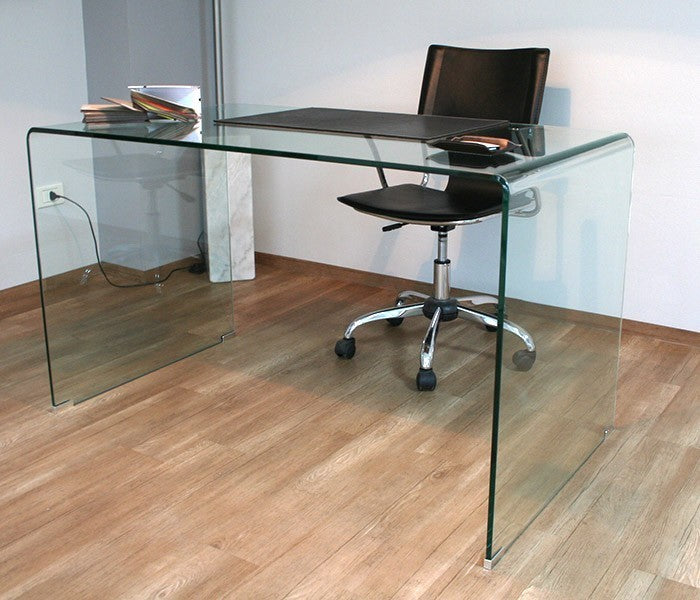 Scrivania GLASSY in vetro con supporto laterale in marmo bianco e sedia nera