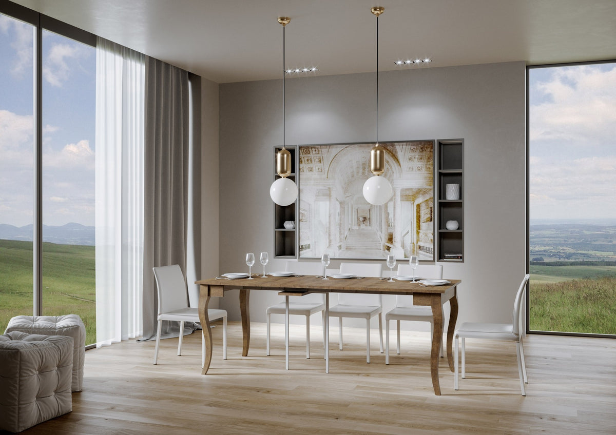 Tavolo da pranzo OLANDA noce allungato in salotto luminoso, vista tre quarti #colore_Noce