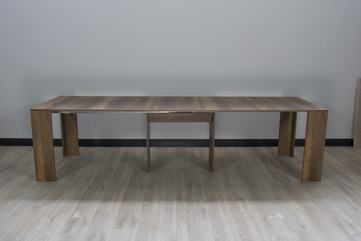 Consolle MIA noce completamente aperta, vista frontale con piano e gambe pannello #colore_Noce