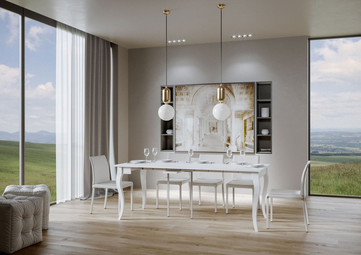 Consolle allungabile OLANDA SMALL bianco frassino in sala con sei sedie e lampade a sospensione #colore_Bianco Frassino