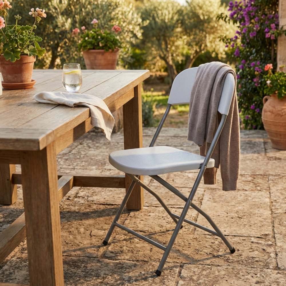Sedia pieghevole CATERING 2 grigia aperta su patio mediterraneo con tavolo rustico