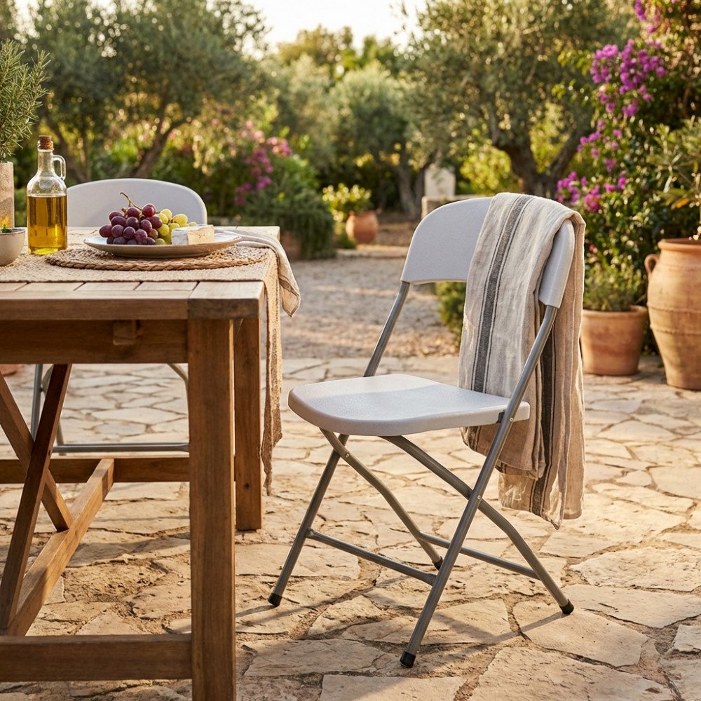 Sedia pieghevole CATERING 2 grigia ripresa di tre quarti su pavimento in pietra irregolare in patio