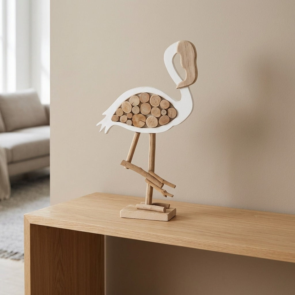 Scultura Fenicottero Decorativa con Applicazioni in Legno 31x9x56 cm - FLAMINGO