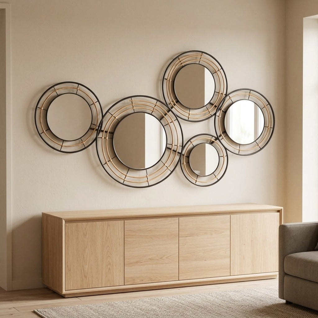 Pannello decorativo da parete in ferro con specchi e rattan 3D - OPORTO