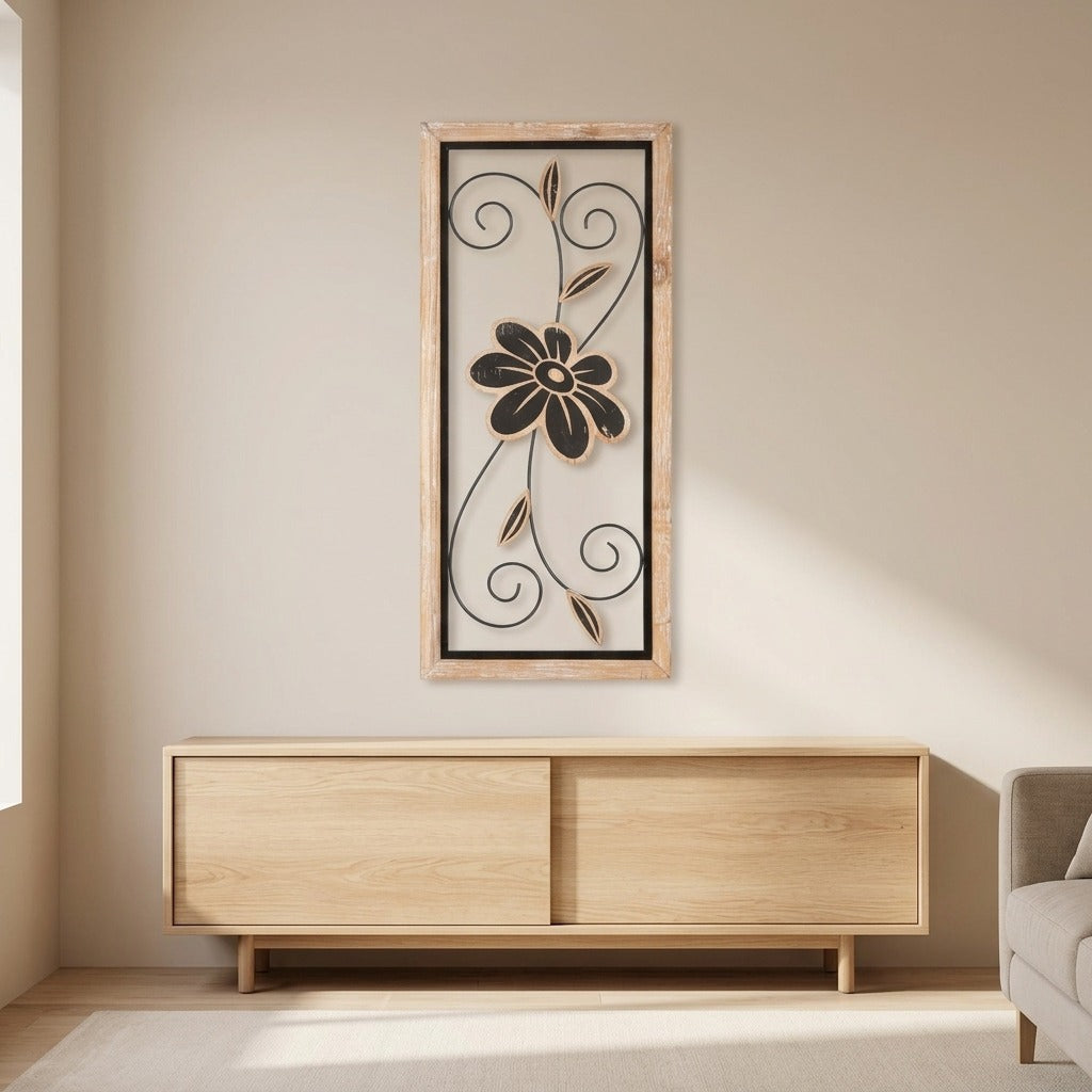 Pannello Decorativo da Parete in Acciaio e Legno con Fiori - KOMAN