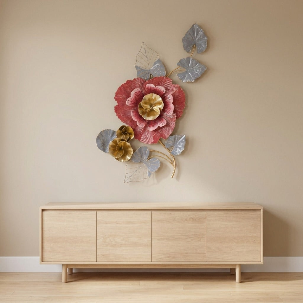 Pannello decorativo da parete in metallo 3D con fiore e foglie - LOVI