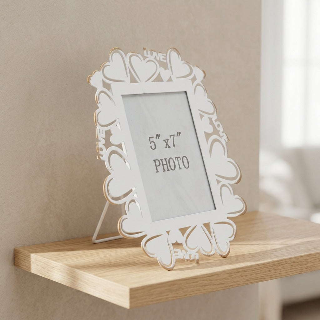 Cornice Portafoto in Metallo Bianco con Decori a Cuore - HEART