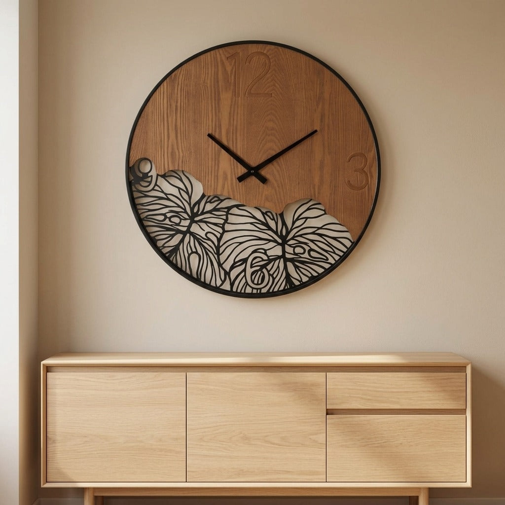 Orologio da parete rotondo metallo e legno foglie tropicali 60 cm - WOOD/LEAF
