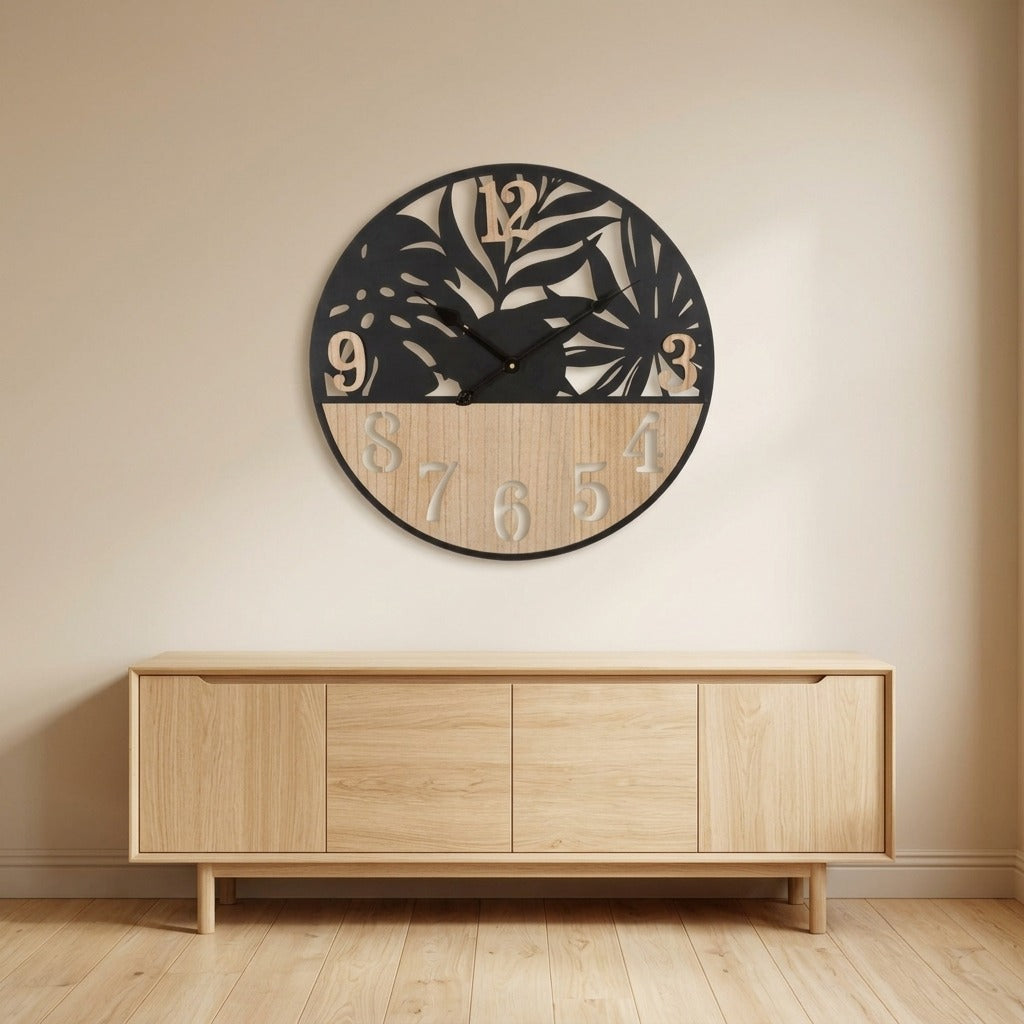 Orologio da parete rotondo metallo e legno foglie tropicali 60 cm - PALM