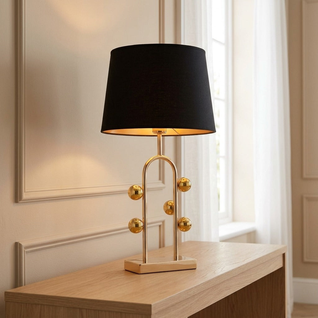 Lampada da Tavolo in Acciaio con Sfere e Paralume in Tessuto - BUBBLE