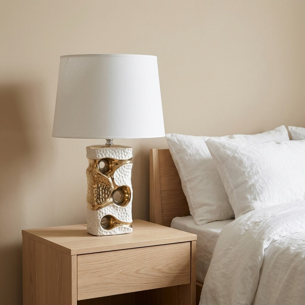 Lampada da Tavolo in Ceramica Bianca e Dorata con Paralume - FLORIDA