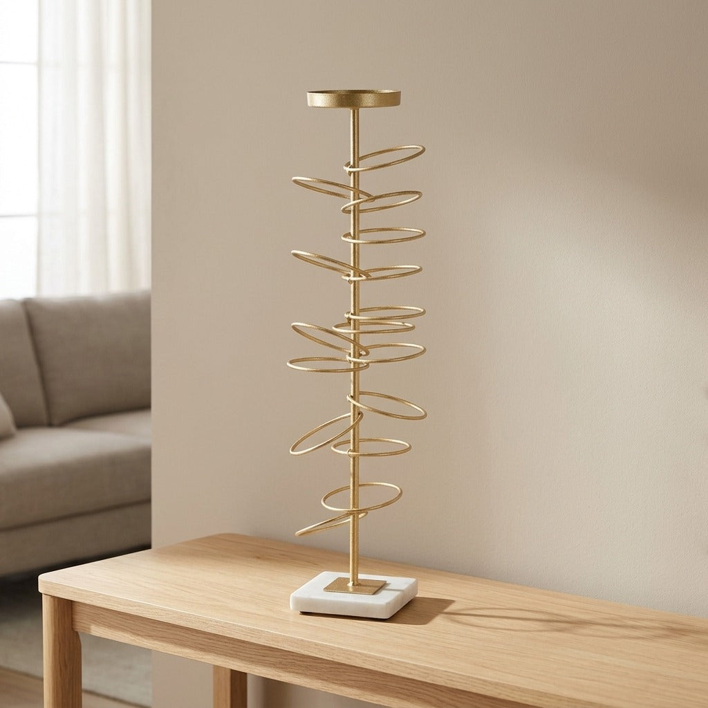 Portacandele in Metallo Dorato con Base in Marmo 14x13x50,5 cm - RINGS