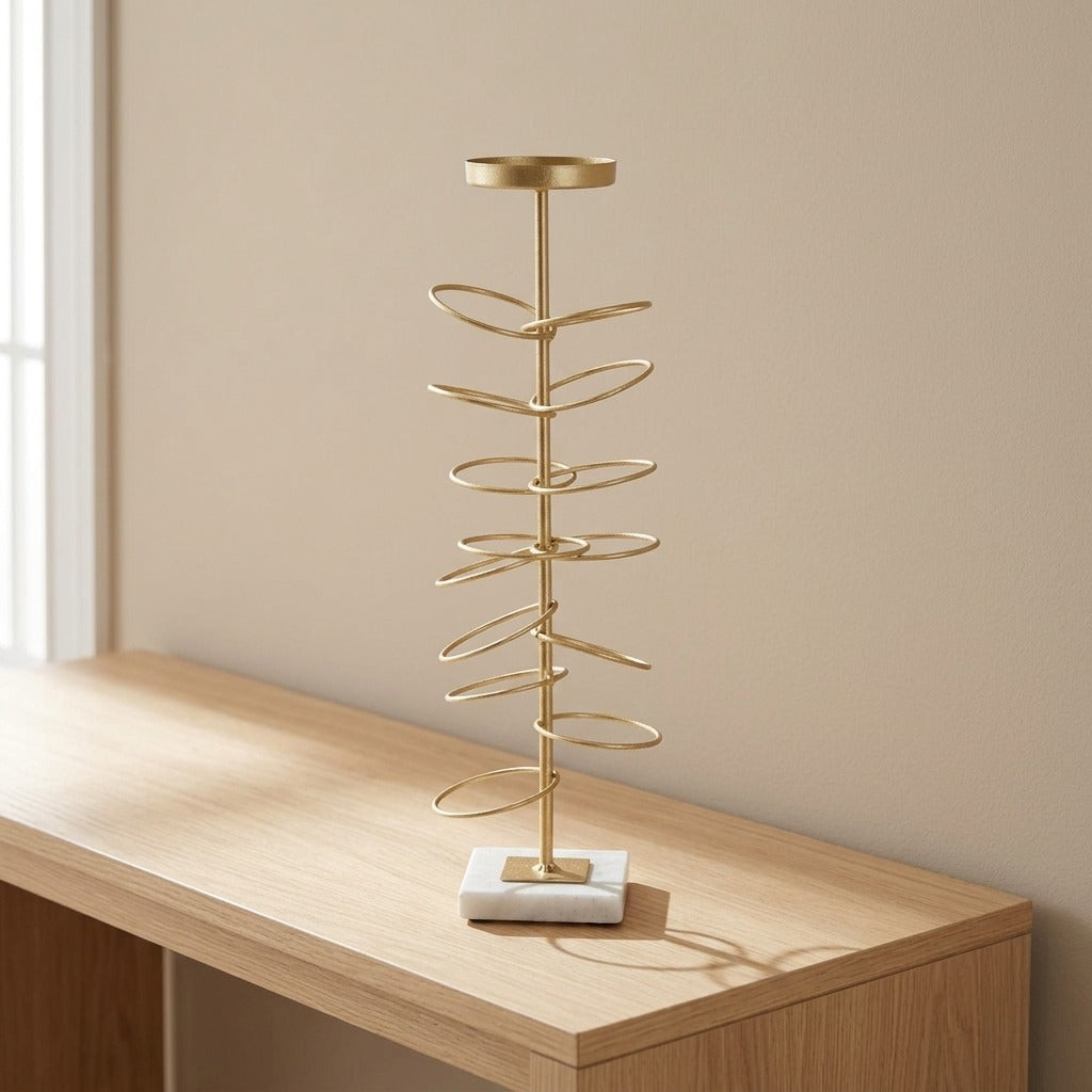 Portacandele in Metallo Dorato con Base in Marmo 14x13x46 cm - RINGS