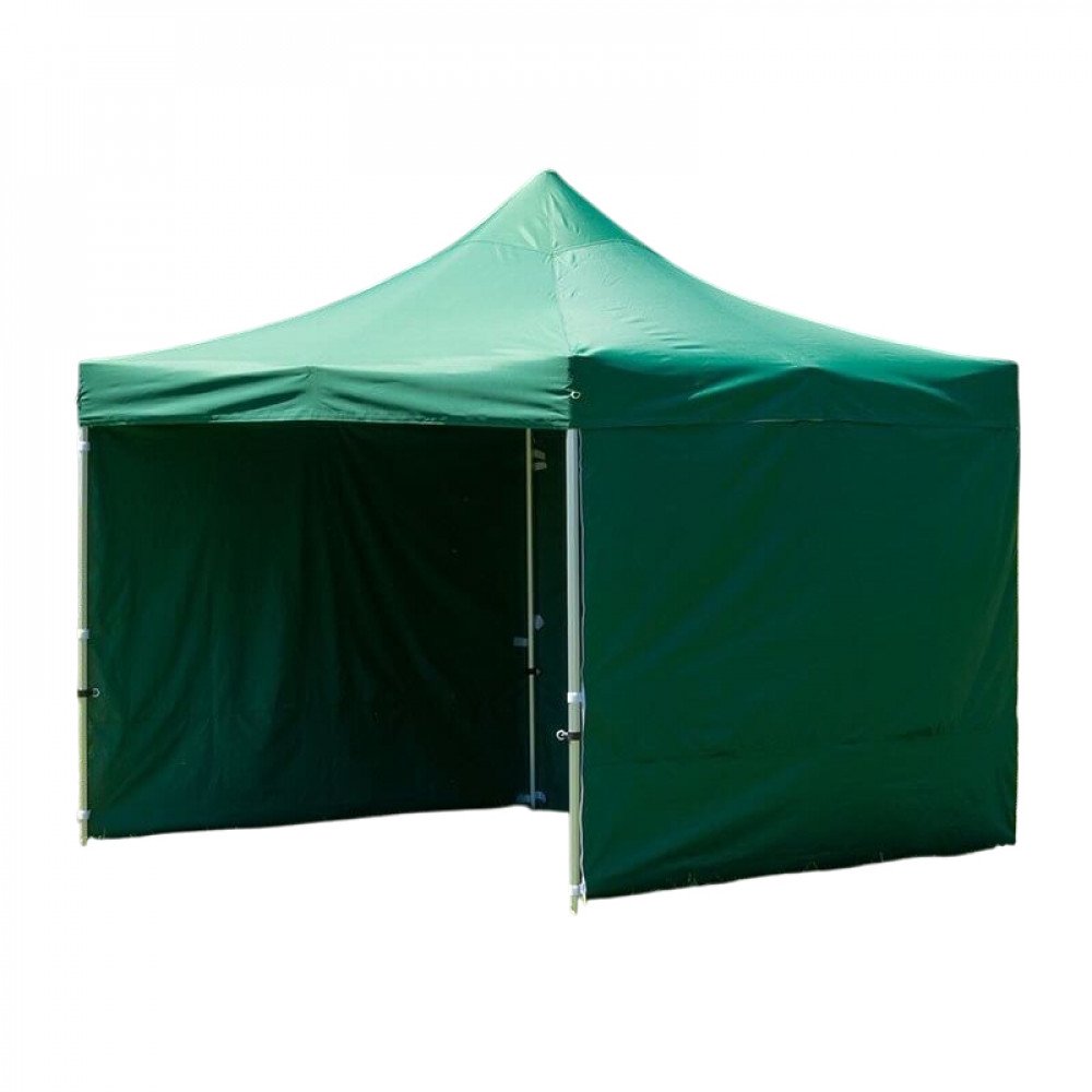 Gazebo HOLIDAY verde scuro su sfondo bianco con porta centrale aperta e tetto a punta