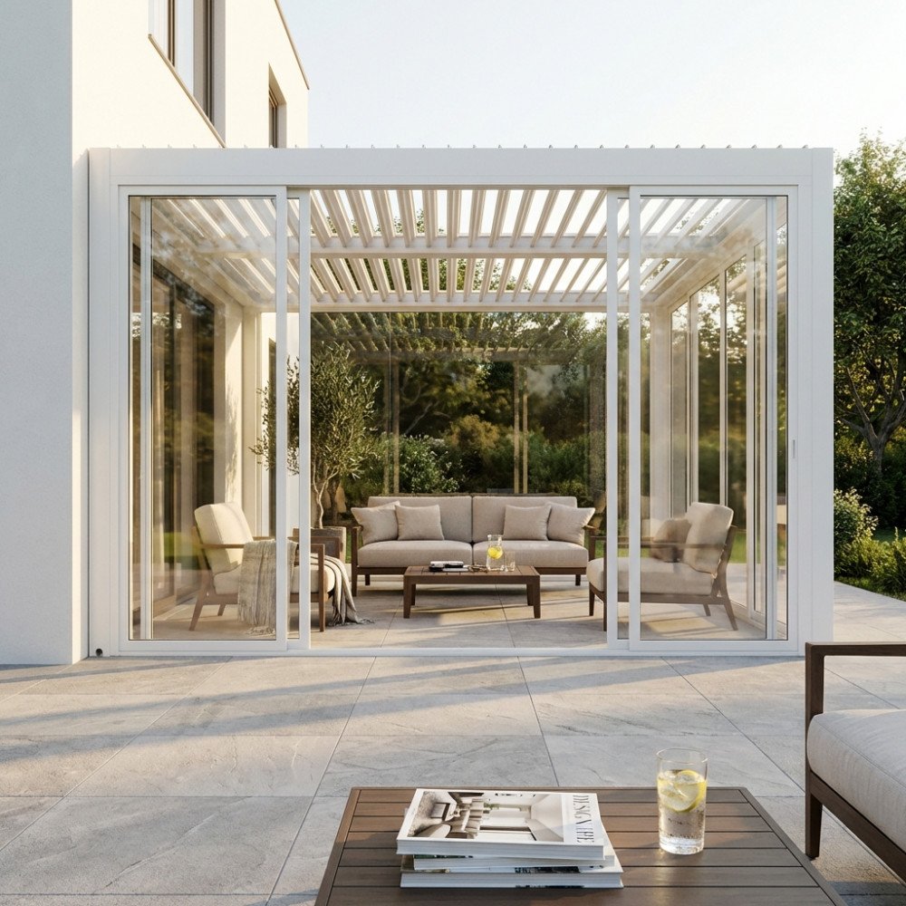 Pergola bioclimatica con laterale scorrevole in vetro bianco aperto, divano chiaro in esterno