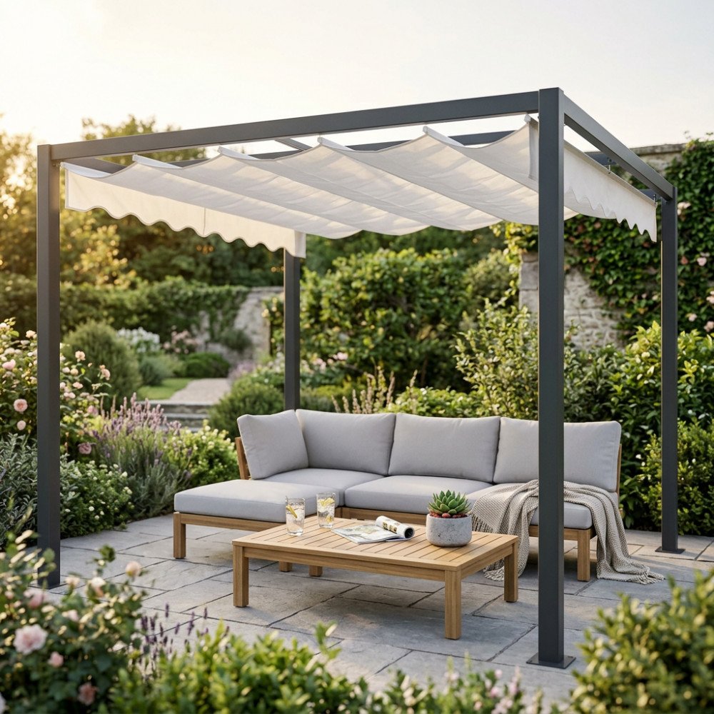 Telo bianco AVALON su pergola in metallo grigio con divano e tavolino in giardino