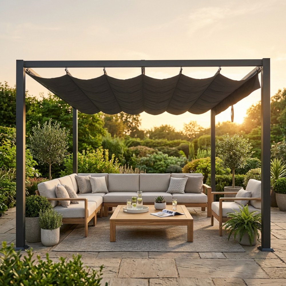 Telo per gazebo AVALON grigio sospeso su struttura nera con divano e poltrone in giardino