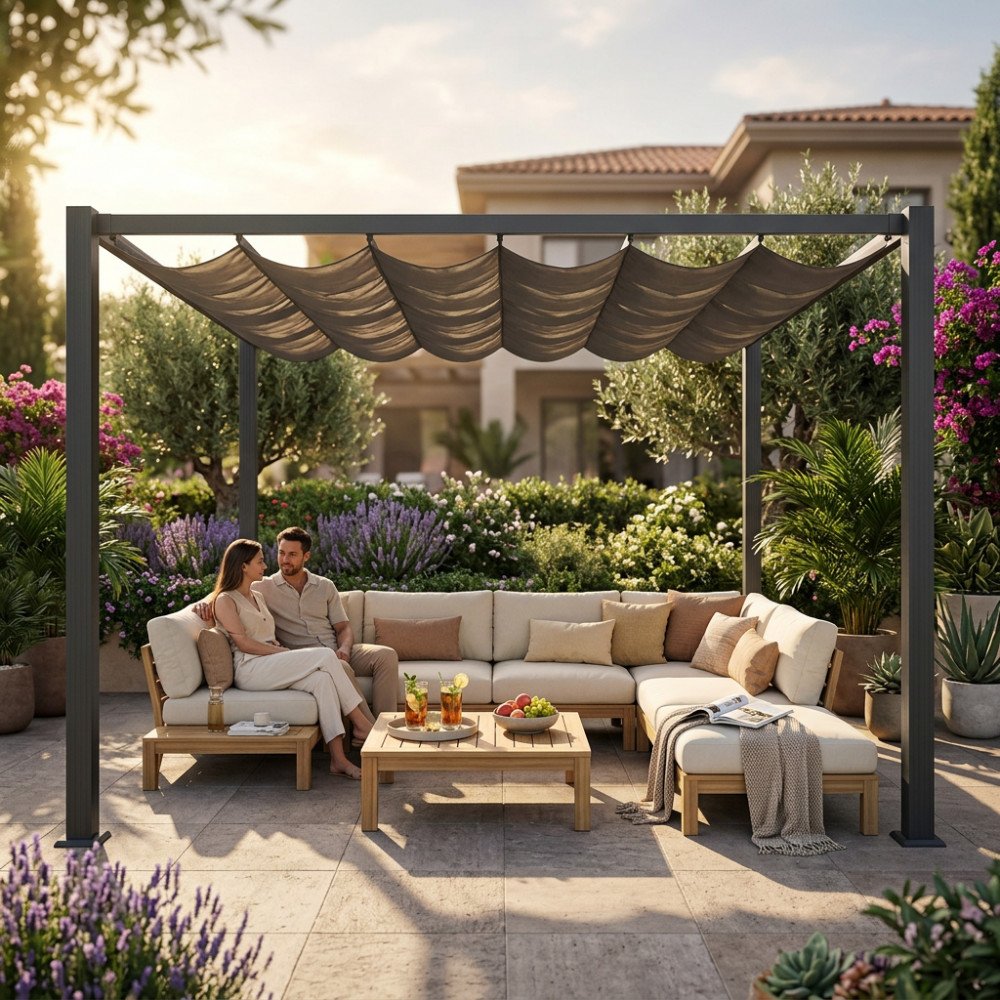 Gazebo AVALON con telo beige tortora montato in giardino con divano e cuscini crema
