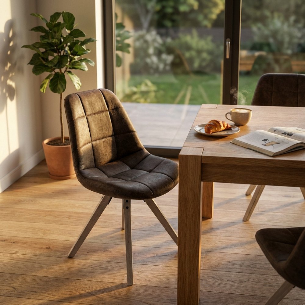 Sedia imbottita LIAM marrone con cuciture a quadri, vista di tre quarti in sala da pranzo