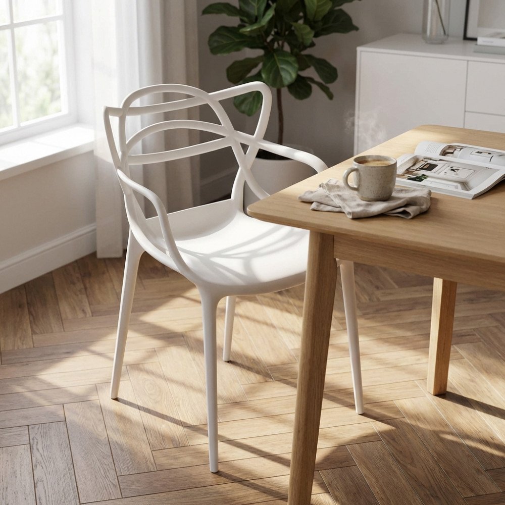 Poltroncina in plastica LILY bianca accanto a tavolo in legno chiaro, ambiente interno