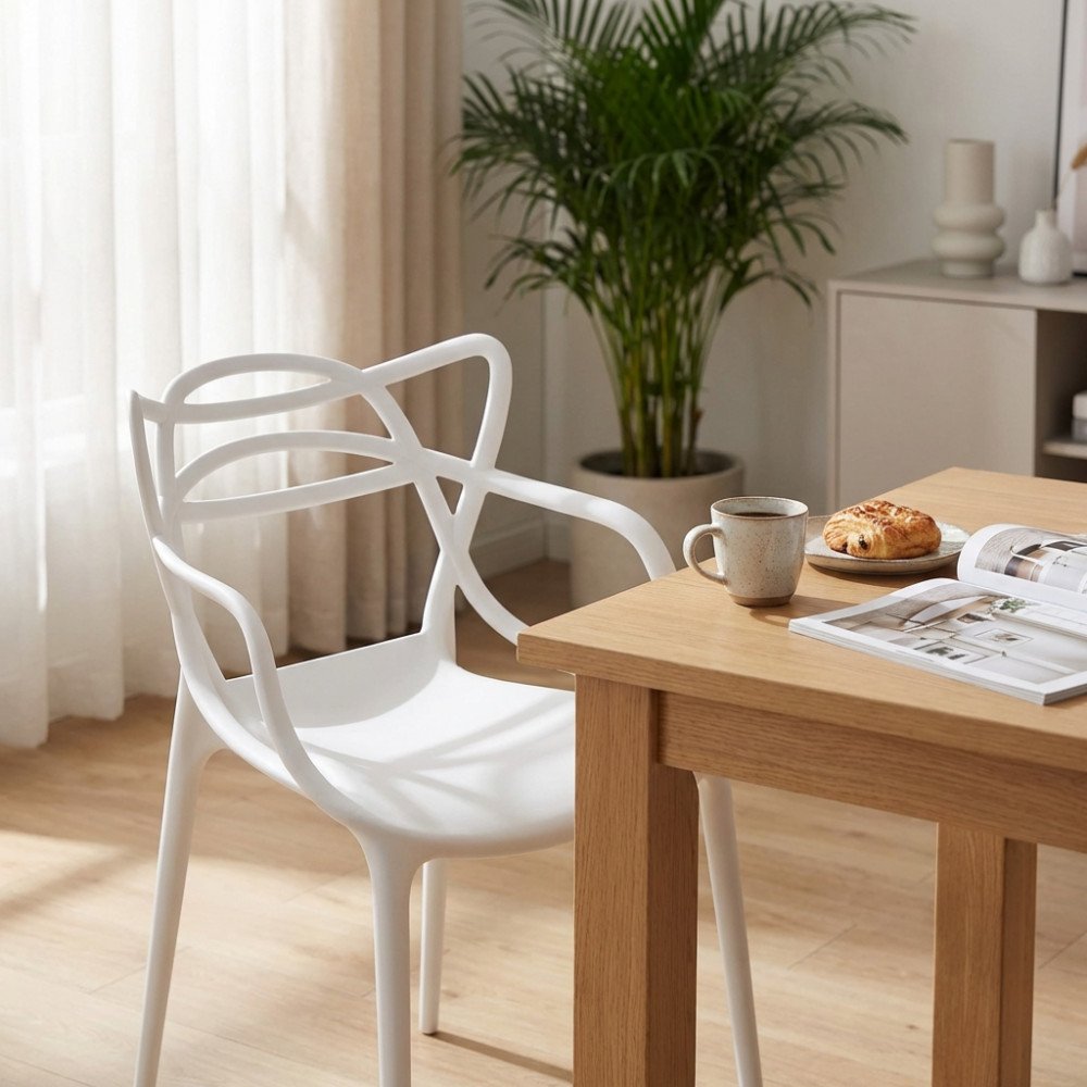 Sedia LILY bianca in plastica con schienale traforato, ripresa di tre quarti in ambiente interno