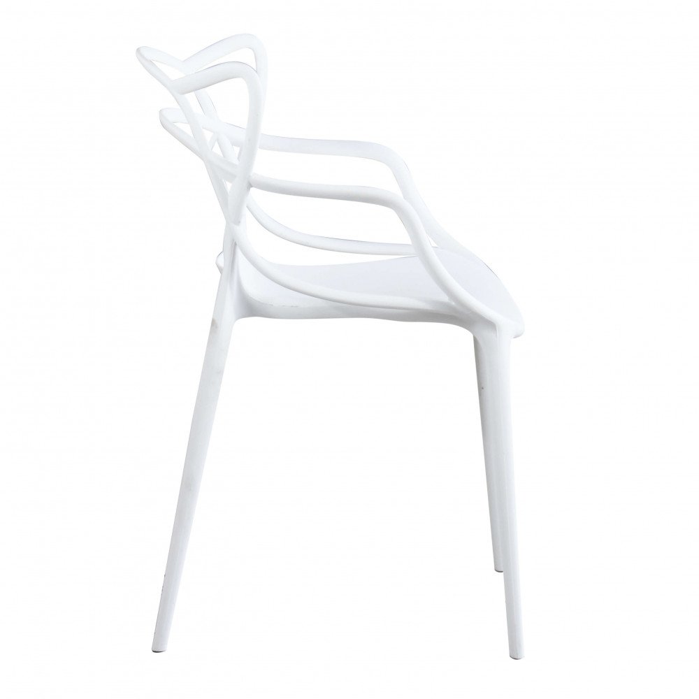 Sedia LILY bianca in plastica monoblocco con schienale traforato, vista laterale su sfondo bianco