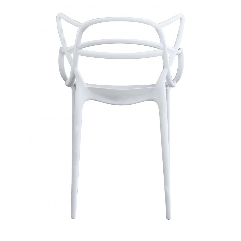 Poltrona LILY bianca in plastica con schienale ad arco, vista dal retro su sfondo bianco