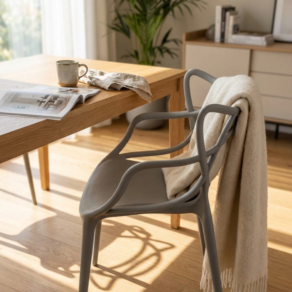 Poltrona LILY grigio in plastica con plaid crema su tavolo in legno, ambientata in interno