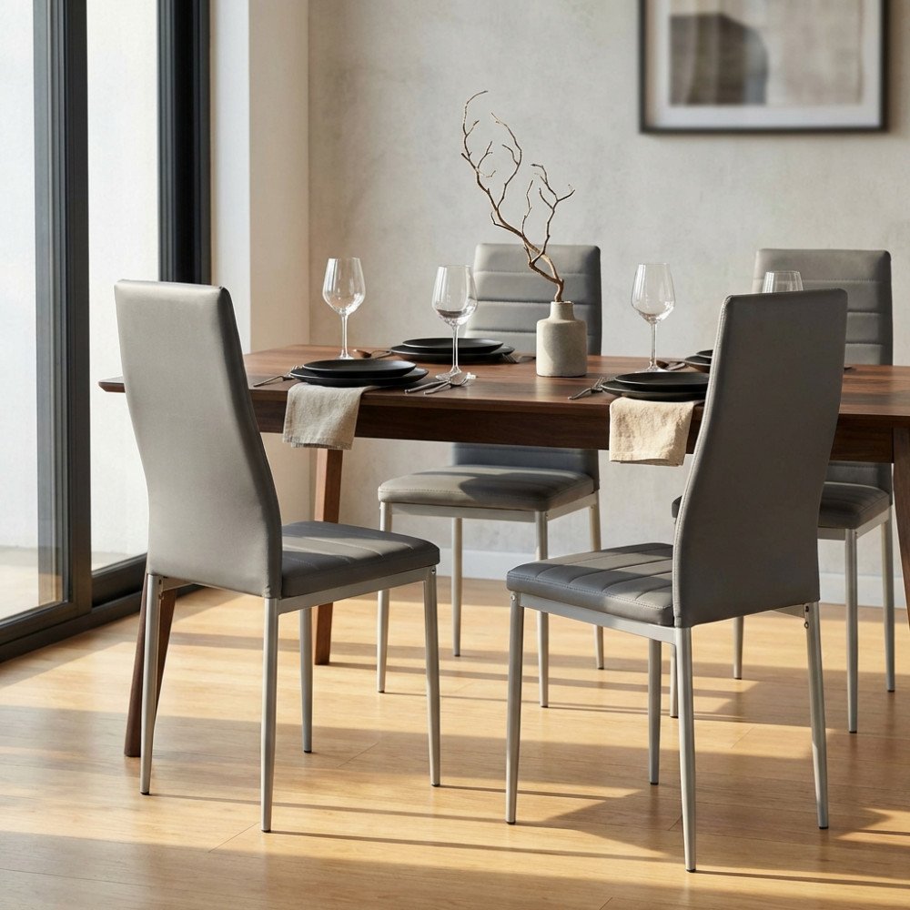 Quattro sedie da pranzo IVY grigio scuro intorno a tavolo in legno, viste in tre quarti