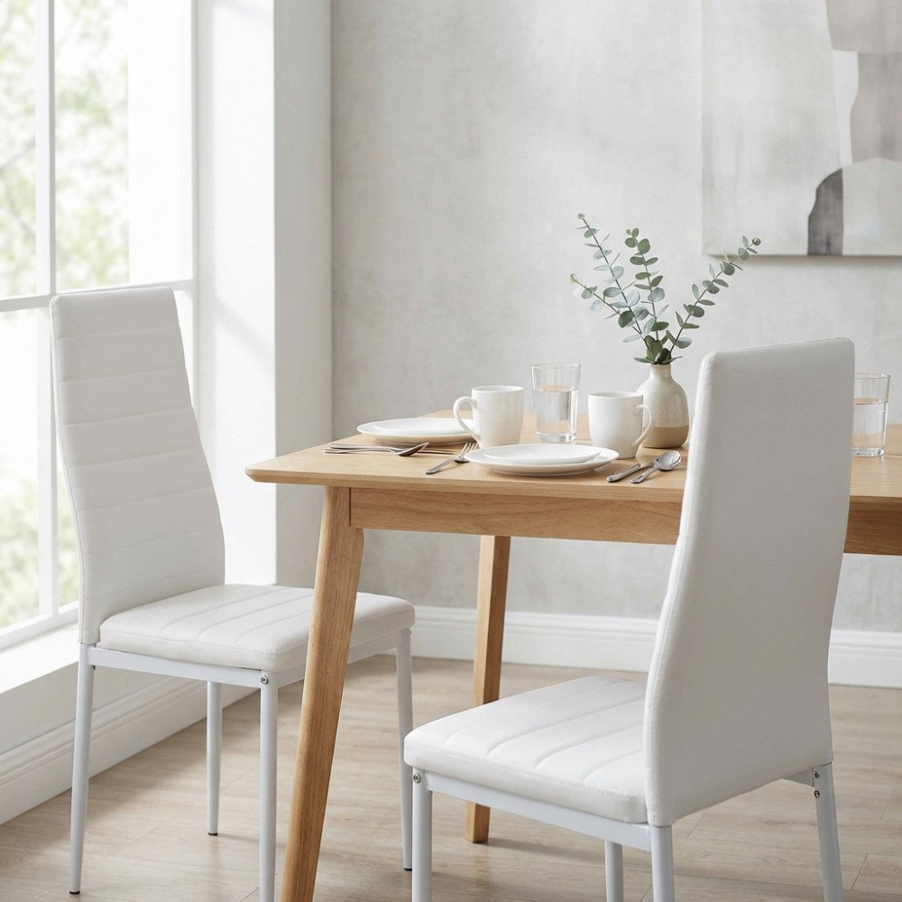 Sedia da pranzo IVY imbottita chiara accostata a tavolo in legno apparecchiato, vista di tre quarti