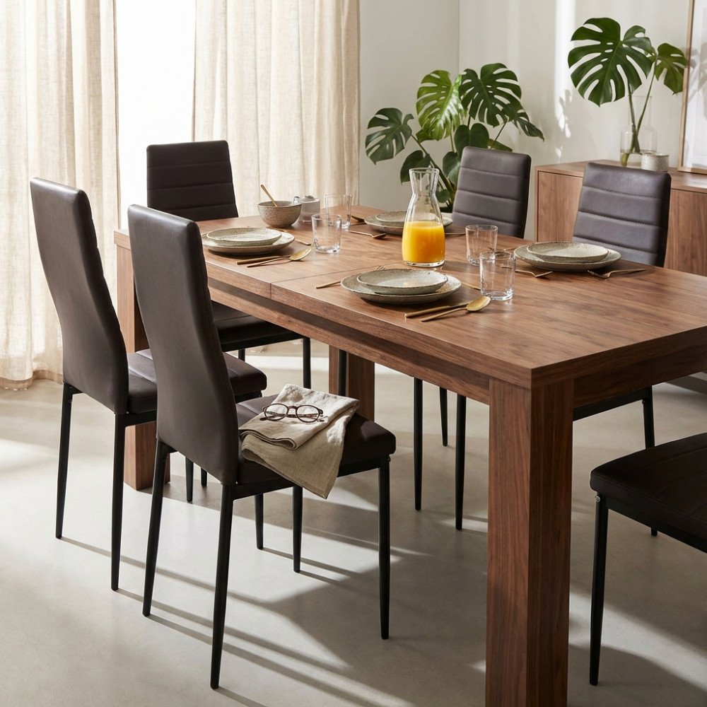 Sedia IVY grigio scuro intorno a un tavolo da pranzo in legno con stoviglie