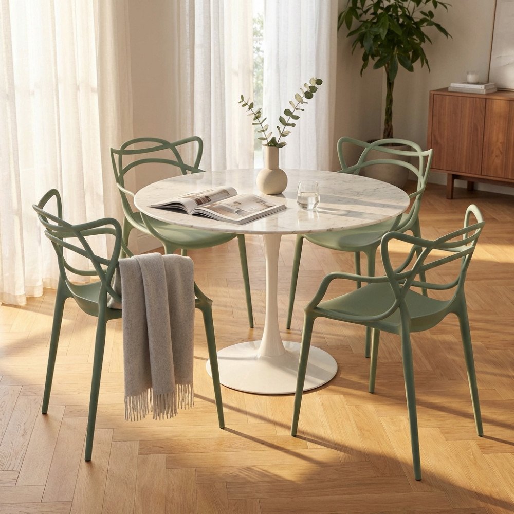 Poltrona LILY verde salvia intorno a tavolo rotondo in marmo, ambiente interno con plaid e tulipano