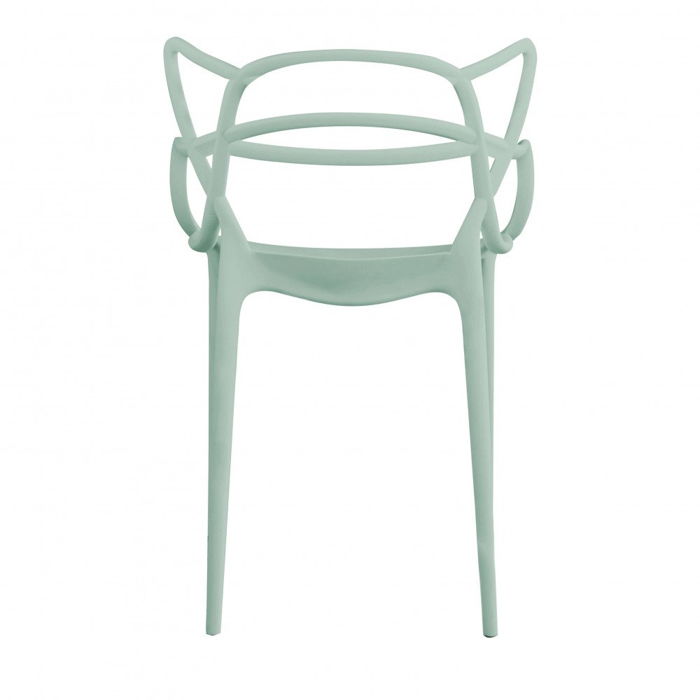 Poltrona LILY verde salvia vista frontale su fondo bianco con schienale tubolare aperto