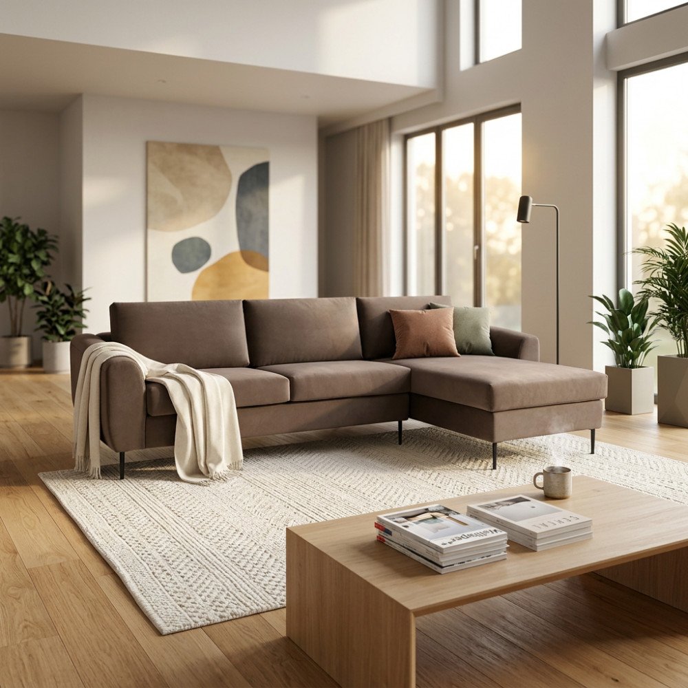 Divano angolare GREGORY marrone con chaise longue in soggiorno luminoso, tre quarti