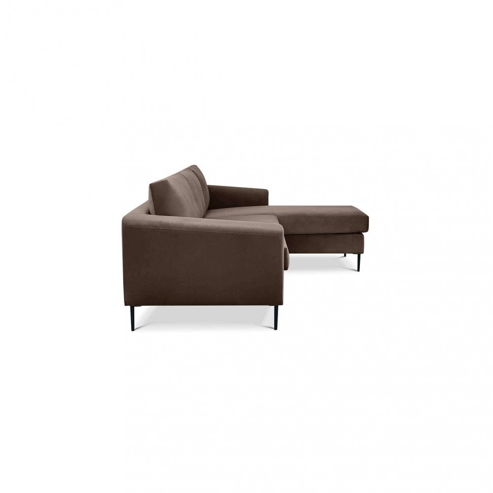 Divano GREGORY marrone con chaise longue, vista posteriore laterale su sfondo bianco