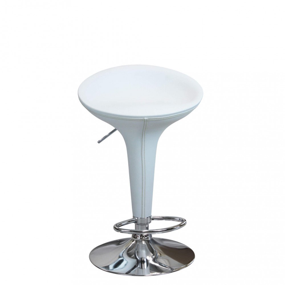 Sgabello alto LORENNE bianco visto frontalmente con anello poggiapiedi cromato #colore_Bianco