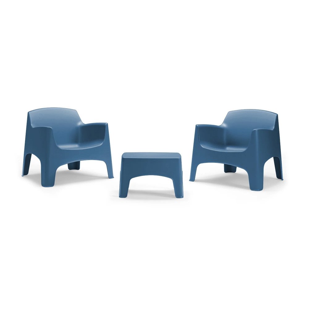 Set da esterno IBIZA TERRACE blu su sfondo bianco, vista frontale con due poltrone e tavolino