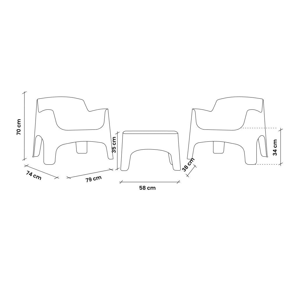 Disegno tecnico del set IBIZA TERRACE con misure: poltrona alta 70 cm, tavolino 58 cm